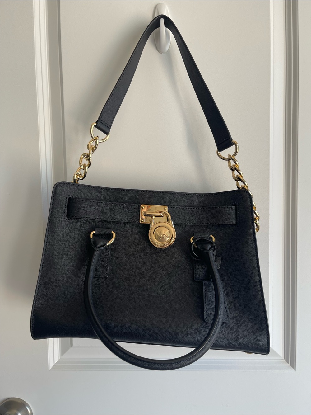 Michael Kors Black Leather Satchel with Gold-Tone Chain and Lock - Picture 3 of 5